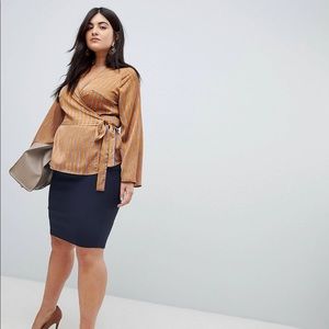 ASOS Orange + Navy Satin Wrap Blouse